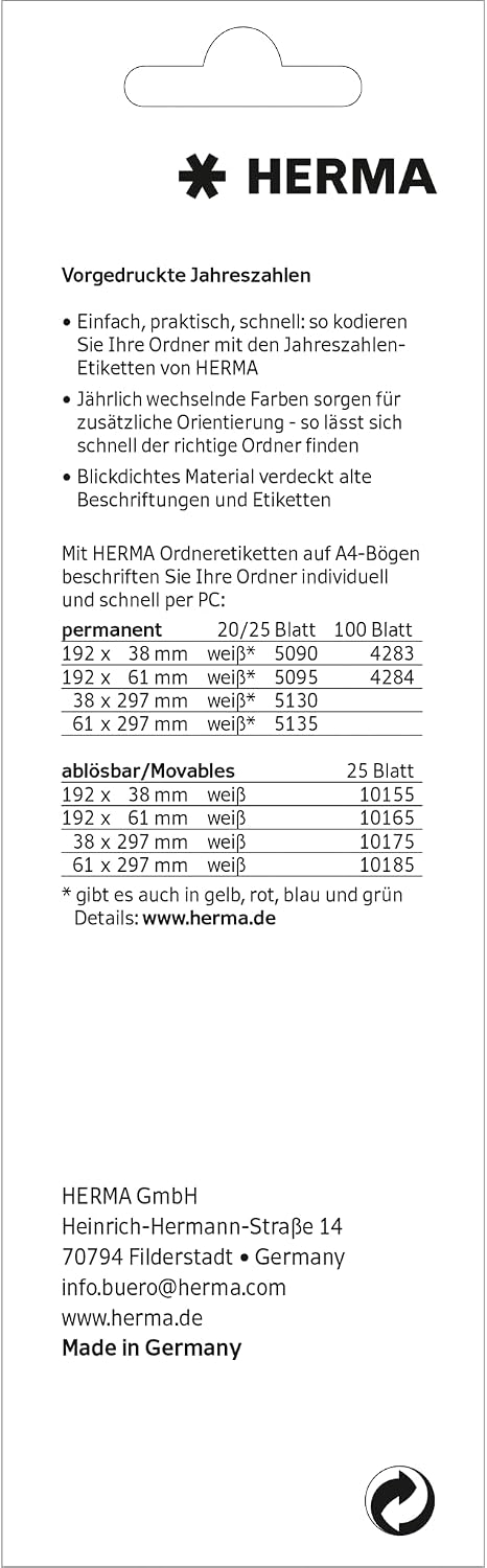HERMA 1683 Year Numbers Stickers for Folders (60 x 26 mm, Matte Paper, Opaque), Self-Adhesive, Permanent Adhesive Text Labels, 100 Labels, White
