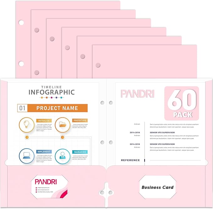 Two Pocket Portfolio Folders, PANDRI 60 Pack 3 Hole Punched 2 Pocket Folders by PANDRI