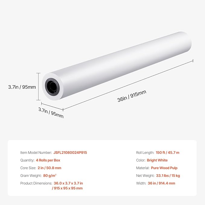 VEVOR Wide Format Paper, 36 in x 150 ft Plotter Paper, 4 Rolls CAD Bond Rolls - Image 7