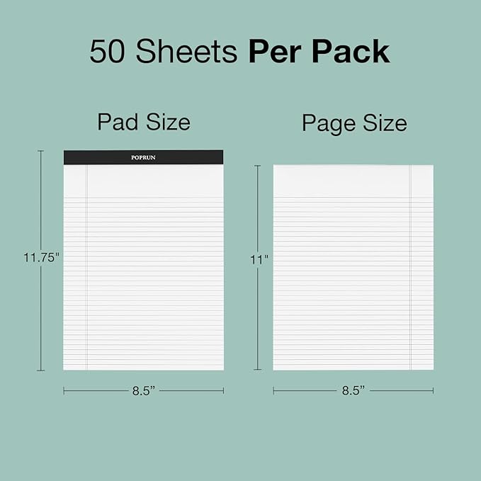 POPRUN White Legal Pads 8.5 x 11.75 Wide Ruled, 100GSM Writing Paper Pad - Image 4