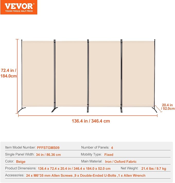VEVOR Room Divider, 4 Panel Room Divider, Folding Privacy Screen and Portable - Image 7