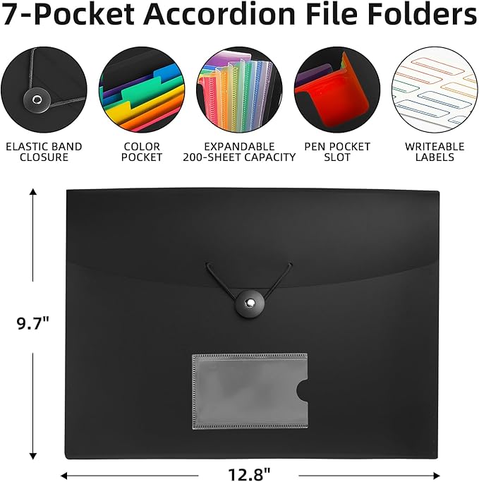5 Pack 7 Pocket Accordian File Organizer, Expanding File Folder - Image 2