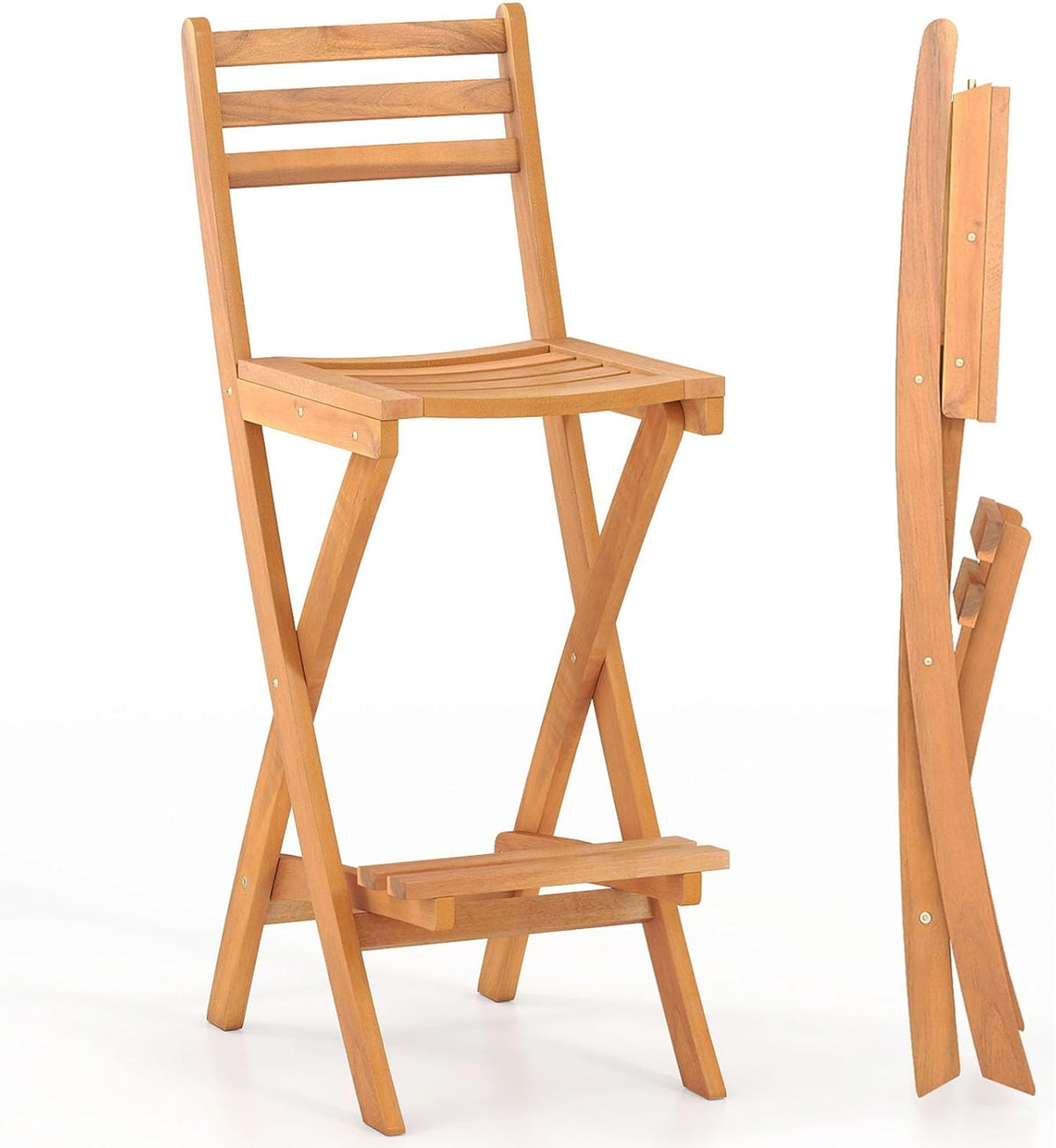 COSTWAY Outdoor Acacia Wood Folding Bar Stool with Slatted Backrest