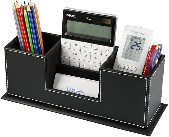 KINGFOM Office Supplies Desk Organizer PU Leather Storage Box 4 Divided - Image 2