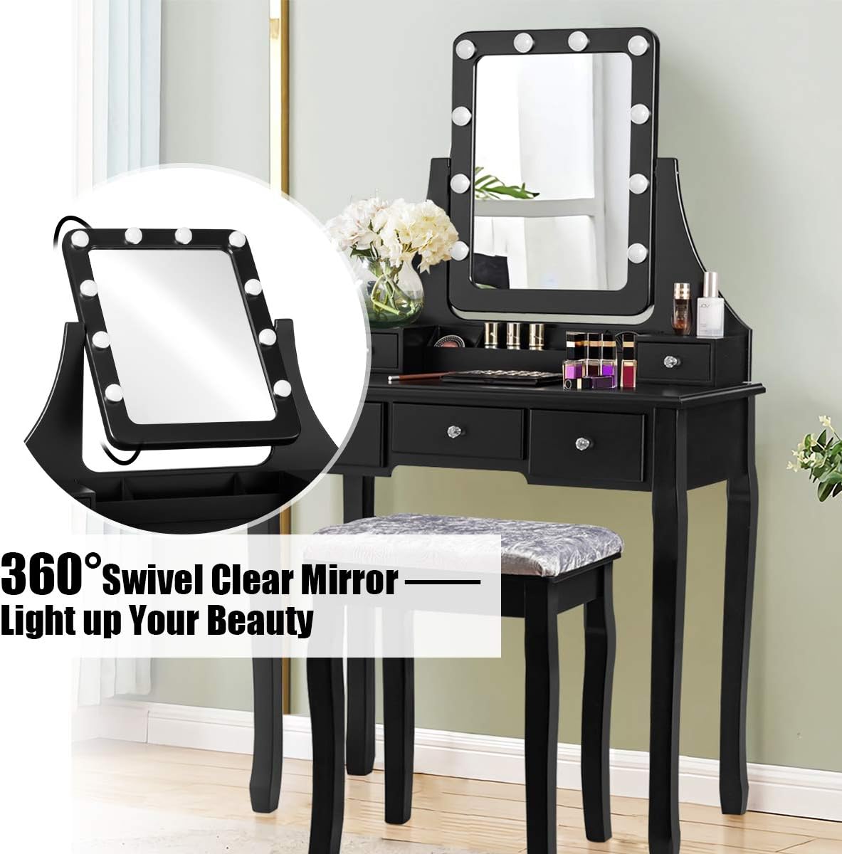 CHARMAID LED Vanity Desk with Lighted Mirror, 10 Dimming Bulbs, 5 Drawers, 3 ...