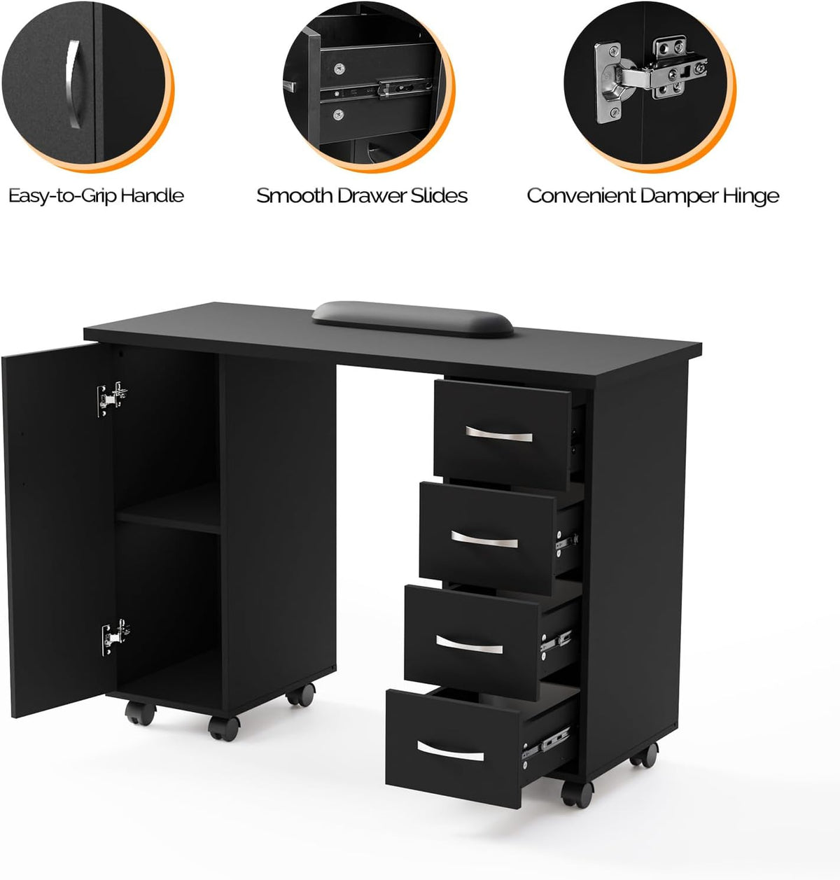 LEADZM Manicure Table Nail Desk w/Cabinet, Drawers, Wheels & Arm Rest, Sp...