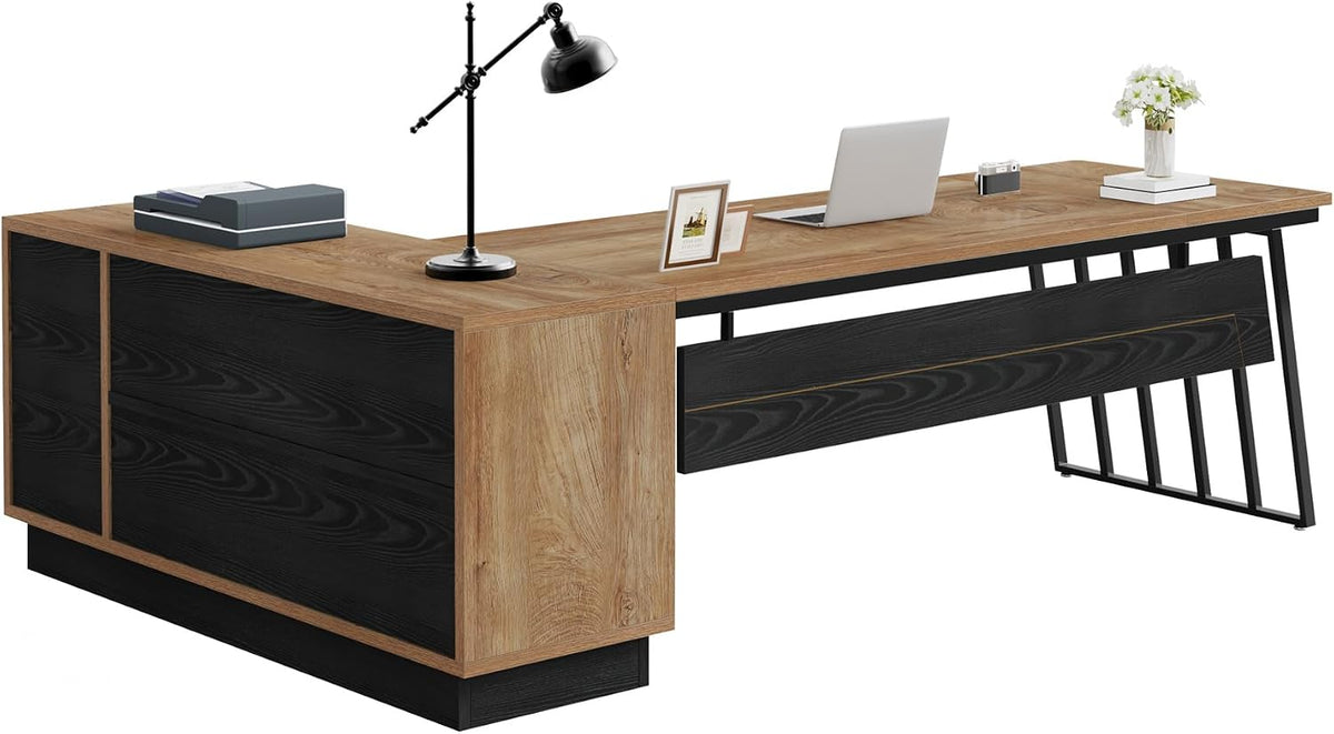 Tribesigns 71” Executive Desk, L-Shaped Desk with Cabinet, Oak and Black