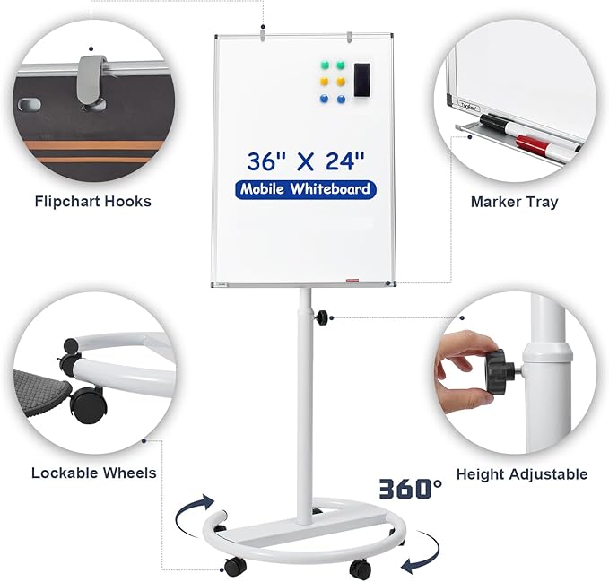 Mobile Whiteboard, 36x24 Inches Standing White Board on Wheels, Portable - Image 4
