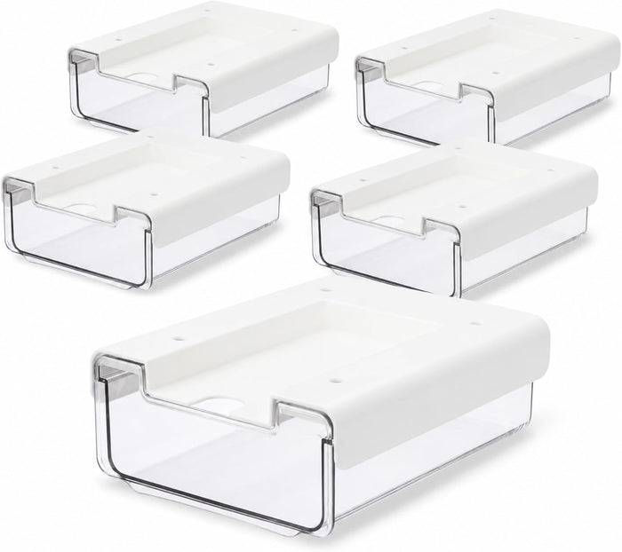 RHBLME 5 Pack Under Desk Drawer, Under Shelf Drawers Slide Out Self-Adhesive Standing Desk Drawer Attachment, Plastic Workspace Organizers for Office Home School