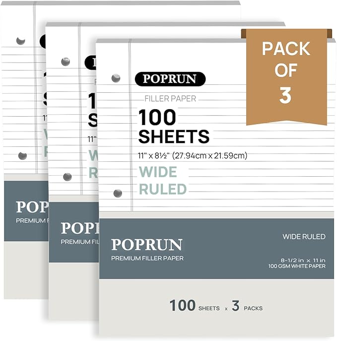 POPRUN Loose Leaf Paper, 8.5" x11" Wide Ruled, 100GSM / AA Grade Bulk Lined by POPRUN