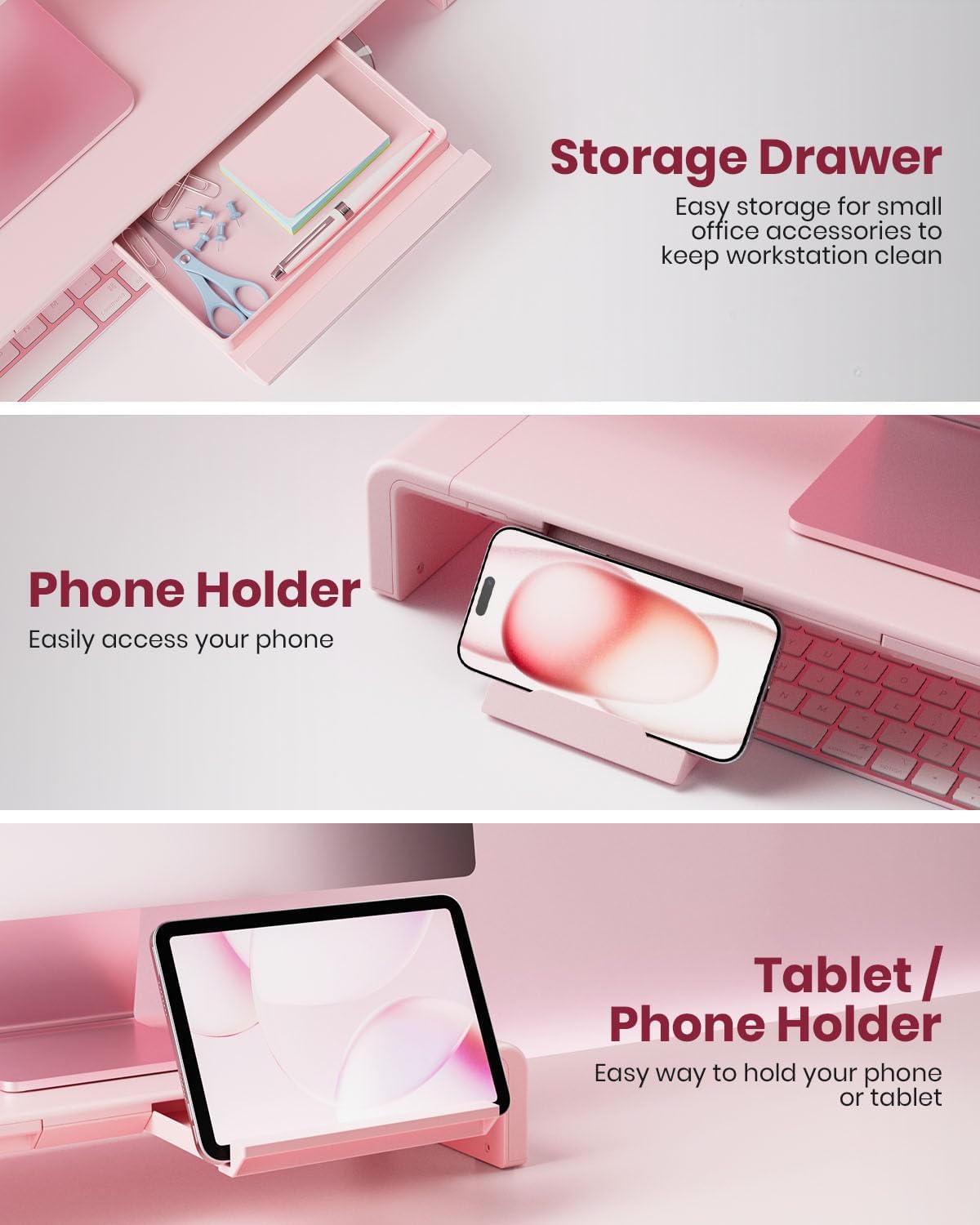 Pink Monitor Stand Riser, Klearlook Foldable, Height Adjustable Computer Stan...