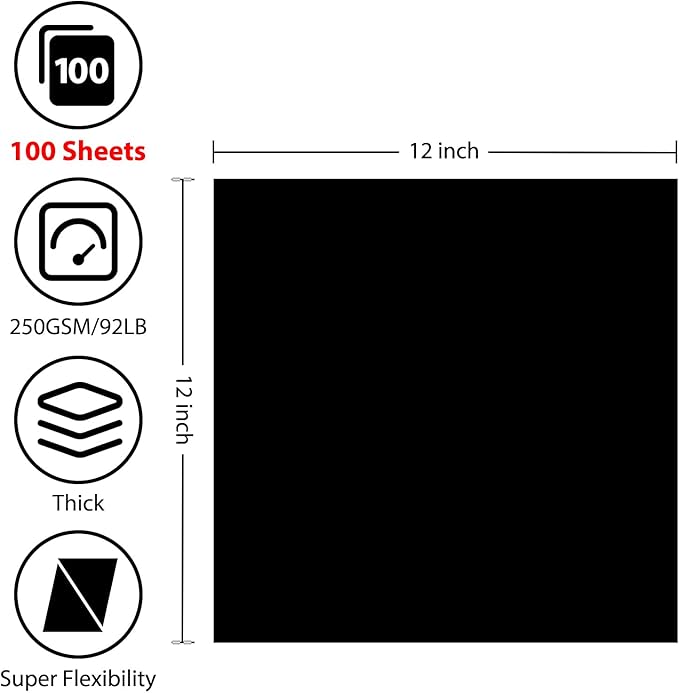 OcePor 100 Sheets Black Cardstock 12” x 12”, 92lb/250gsm Black Card Stock - Image 2