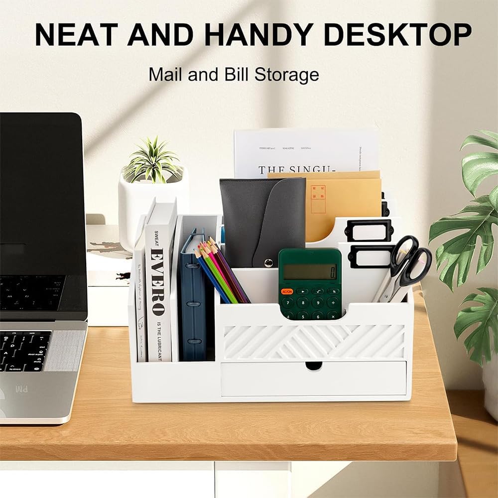 Wood Mail Organizer Countertop, 6 Compartments with Drawer, White