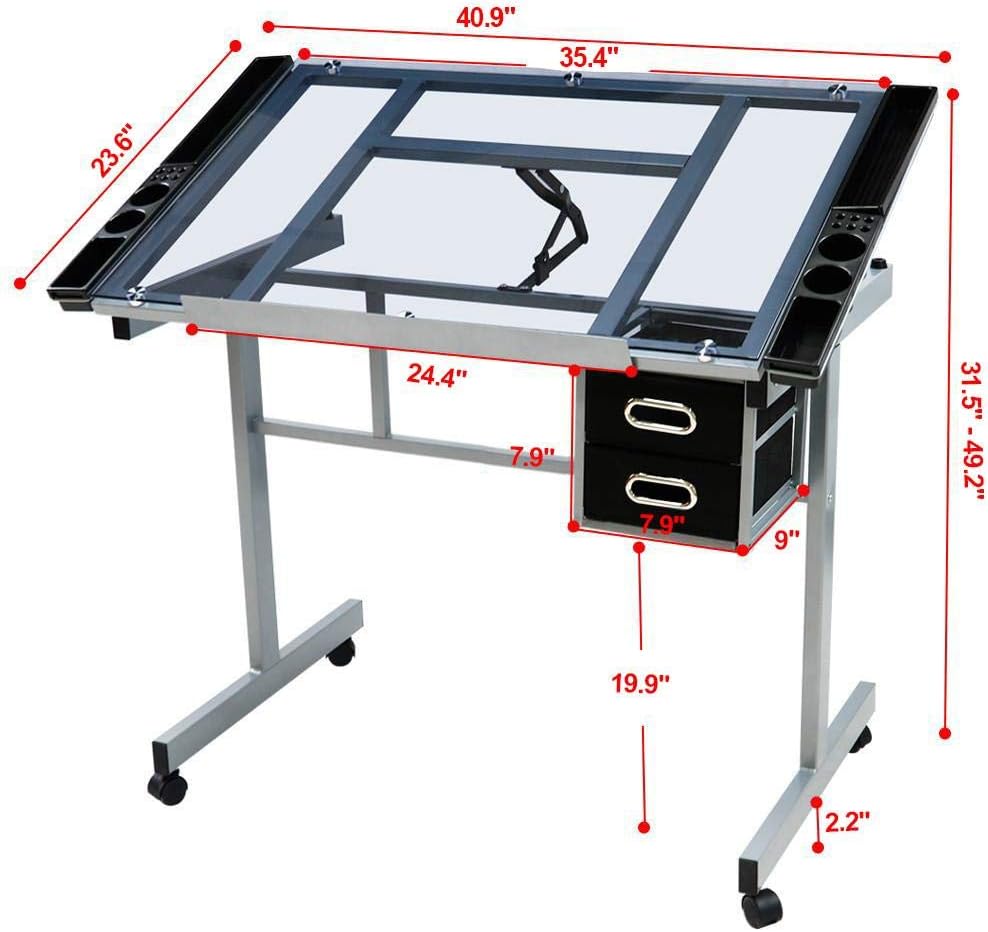 Yaheetech Glass Drafting Table with Storage, Adjustable Art Drawing Desk | Tempered glass top on a steel frame tilts 0-60° for drawing, tracing, or diamond art, plus two fabric drawers and side trays.