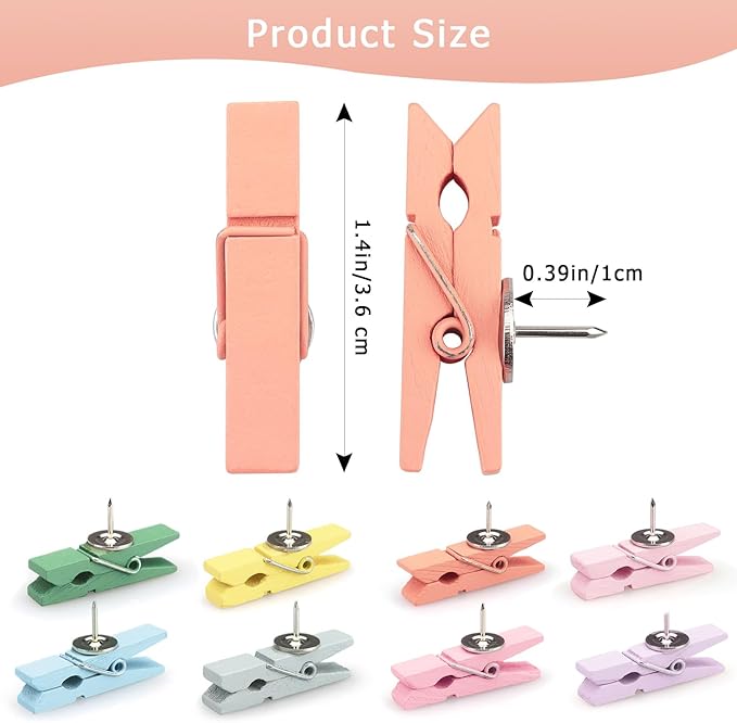 50 PCS Wooden Clips Colorful Push Pins Tacks - Image 2