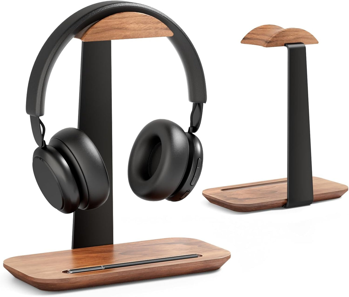 UPERGO Walnut Headphone Stand, Wood Headset Holder with Storage for Desk