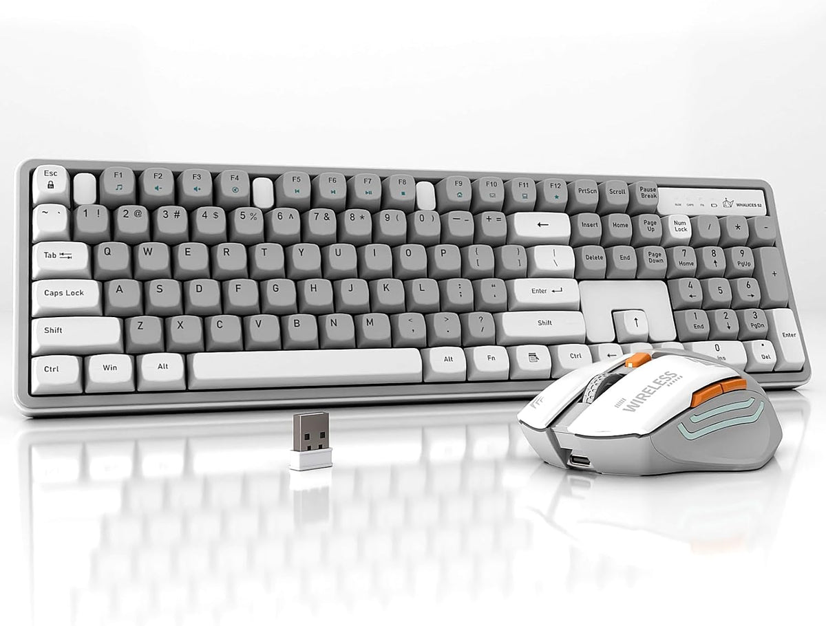 Rechargeable Wireless Keyboard and Mouse Combo, Full-Size - Gray-White