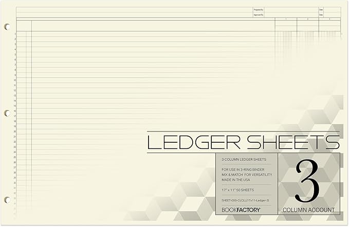 BookFactory Ledger Sheets/Large 3 Column Accounting Ledger Columnar Loose Leaf by BookFactory