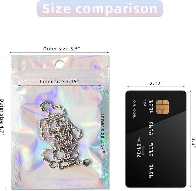 100Pcs Holographic Packaging Bags, 3.5x4.7 inch Resealable Foil Pouch Mylar - Image 2