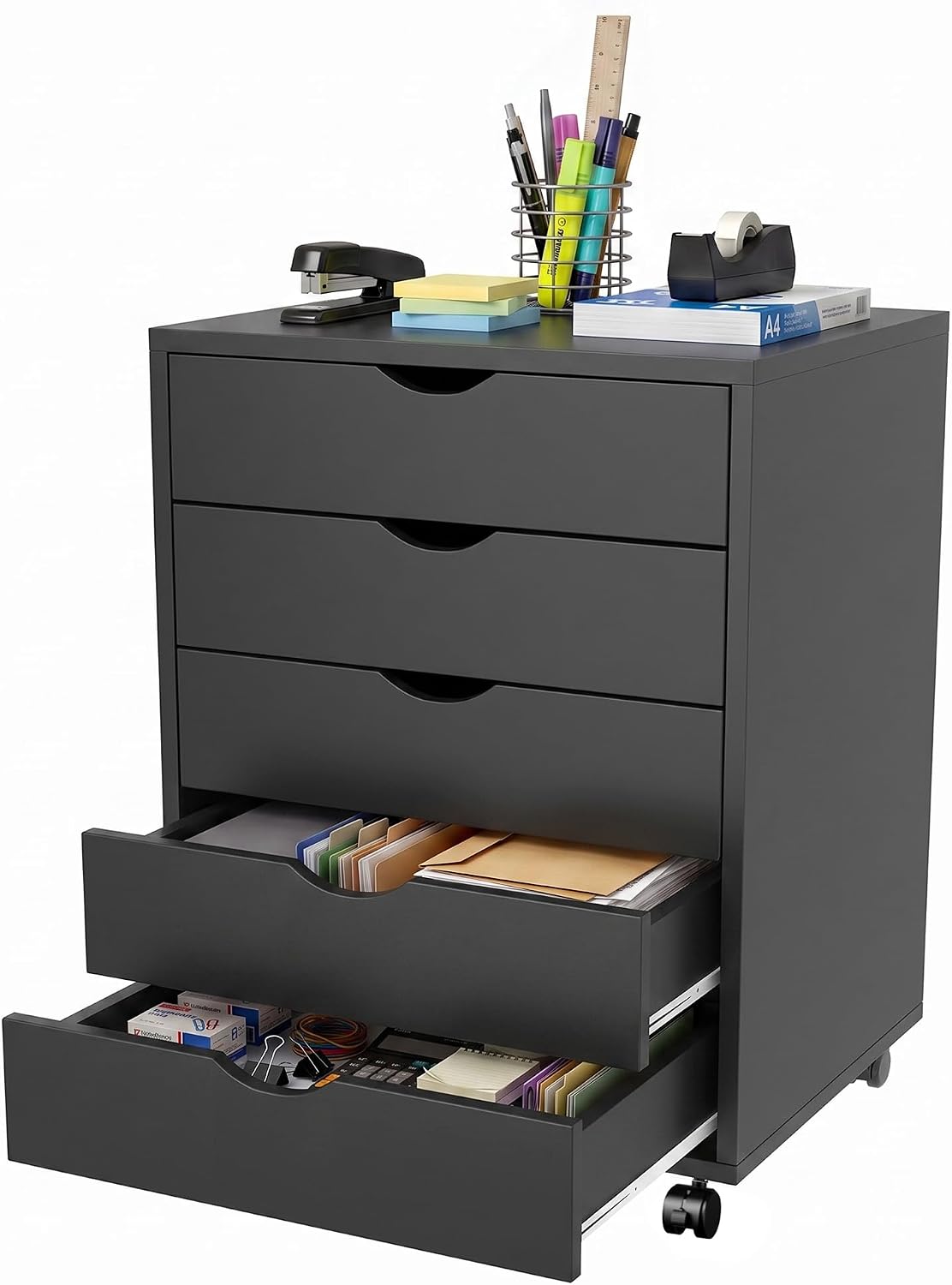 5 Drawer File Cabinet with Wheels, Under Desk Storage Drawers, Black