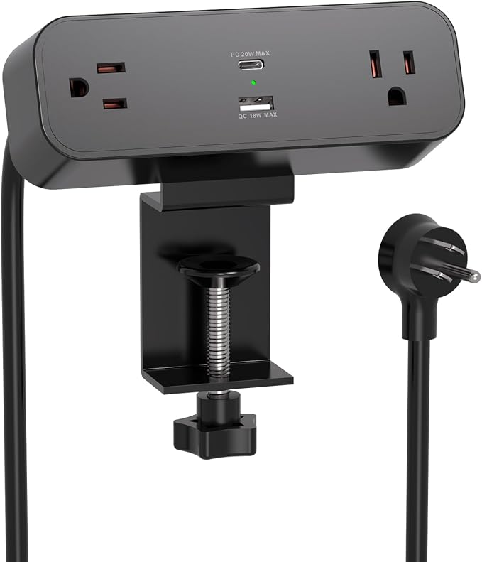 Desk Clamp Power Strip 10ft Flat Plug Extension Cord by Mifaso