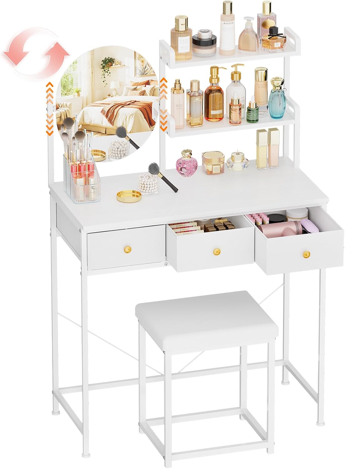 31.5" Vanity Desk with Mirror, Vanity Chair, Drawers, Storage Shelf, White