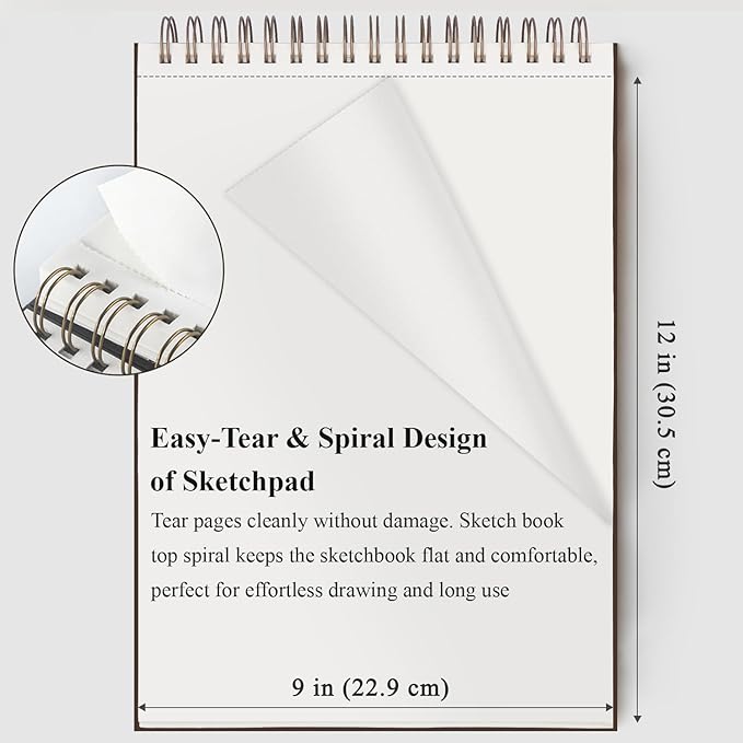 9"X12" Sketch Book Bulk, Top Spiral Bound Sketch Pad, 3 Pack 100 Sheets Each - Image 4