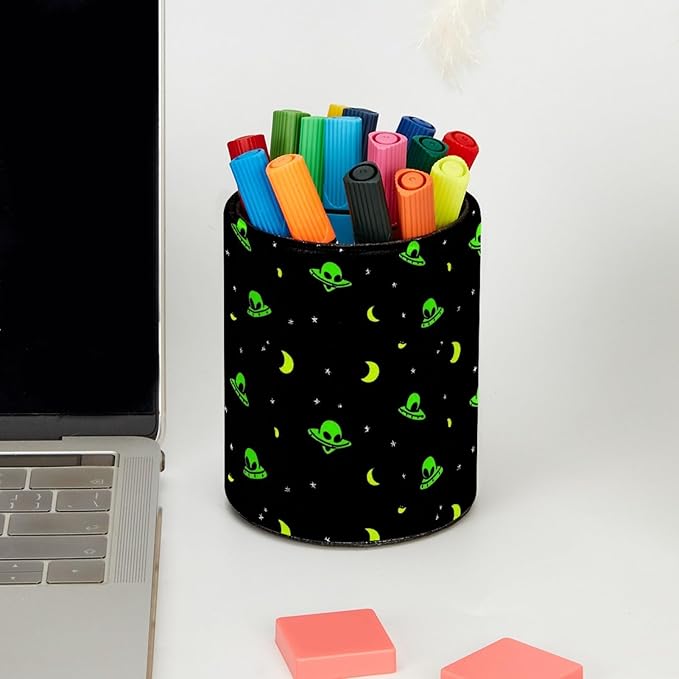 Leather Pen Holder for Desk Green Alien Moon Pencil Cup Desktop Organizer - Image 5