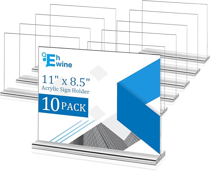 EHWINE 10 Pack Acrylic Sign Holder 8.5 x 11 Horizontal, Double-Sided Stand up by EHWINE