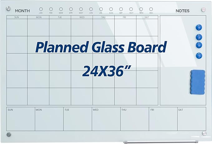 JYYPWB Magnetic Glass Whiteboard 36X24 Monthly Planner Calendar Dry Erase Board by JYYPWB