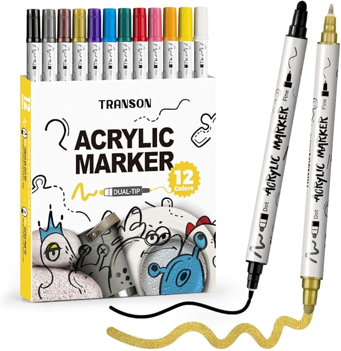 TRANSON 12 Color Bold and Fine Dual-tip Acrylic Paint Pen Set by Transon