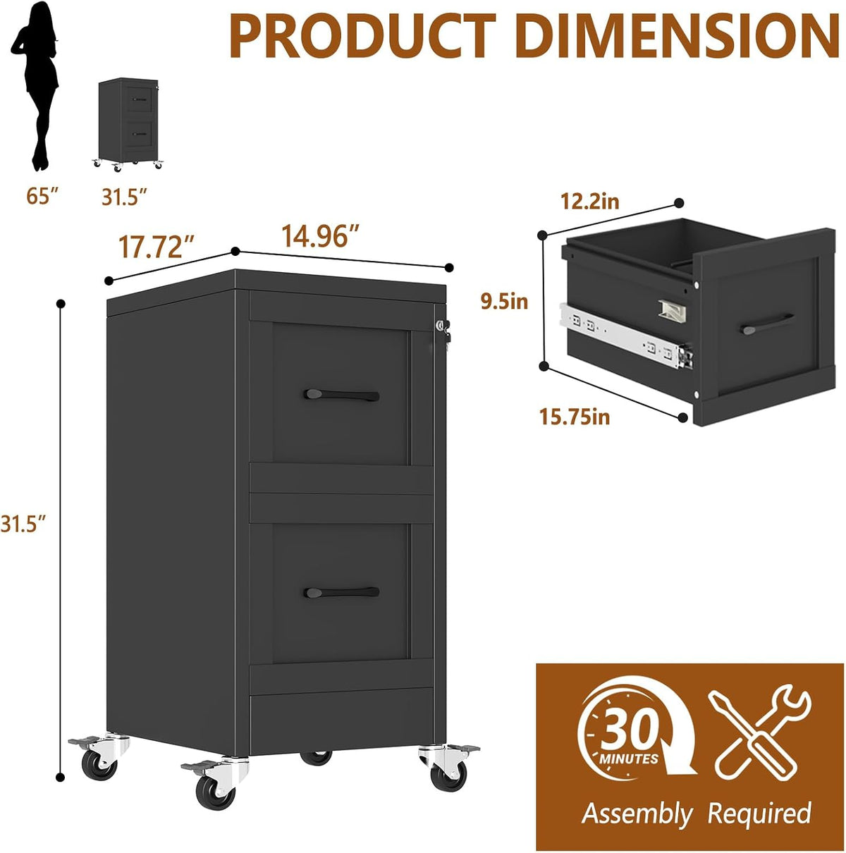 2 drawer rolling metal file cabinet with lock,narrow, close-up detail