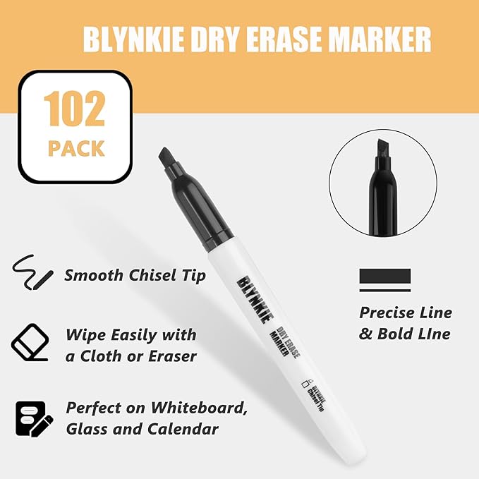 Blynkie Dry Erase Markers Bulk Pack of 102 Chisel Tip Black Whiteboard Markers - Image 2