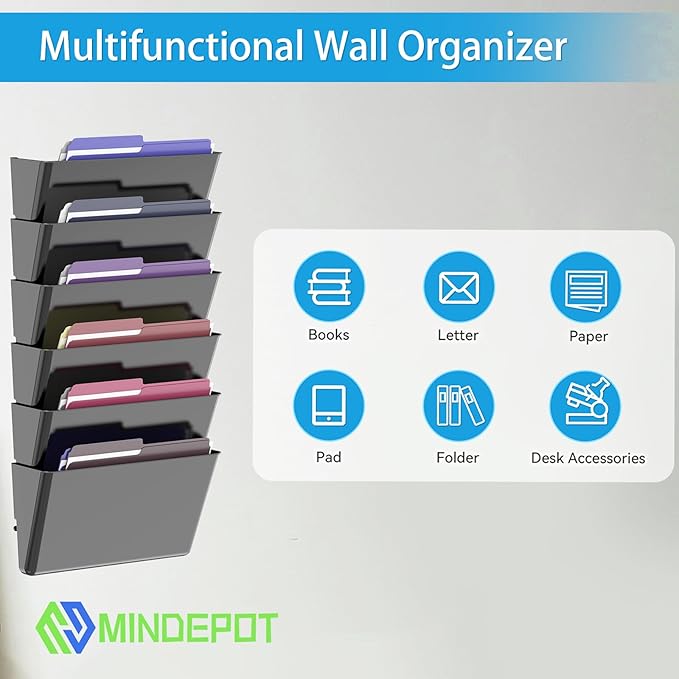 MINDEPOT 6 Pockets Acrylic Wall File Organizer, Plastic Hanging Wall File Holder - Image 5