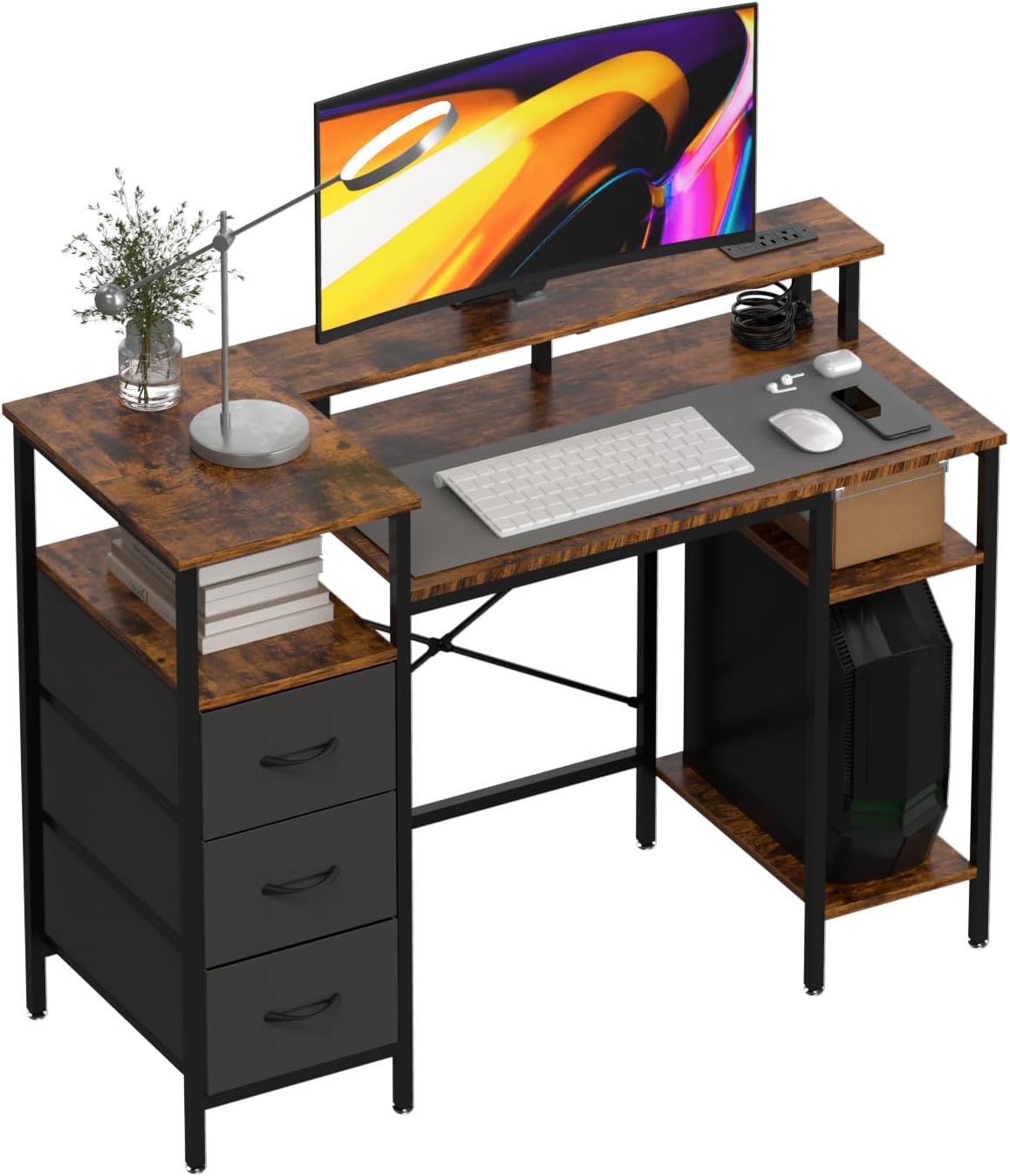 VINGLI 47" L-Shaped Gaming Desk, Fabric Drawers, Storage Shelves