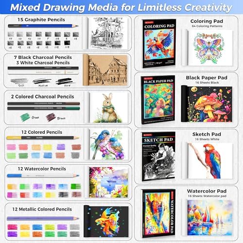 drawing set sketching kit, pro art supplies sketch showing dimensions