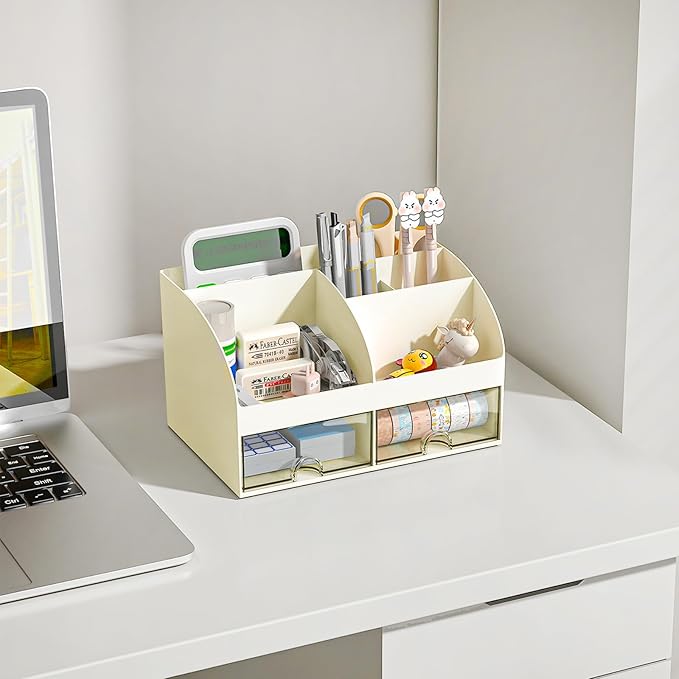 Desk Organizer with 6 Compartments and 2 Drawers, Plastic Makeup Organizer - Image 2