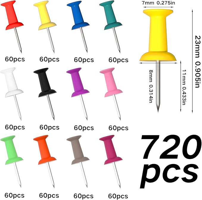 VAPKER Push Pins 720Pcs Solid Color Thumb Tacks Map Pins Tacks Plastic Head - Image 2