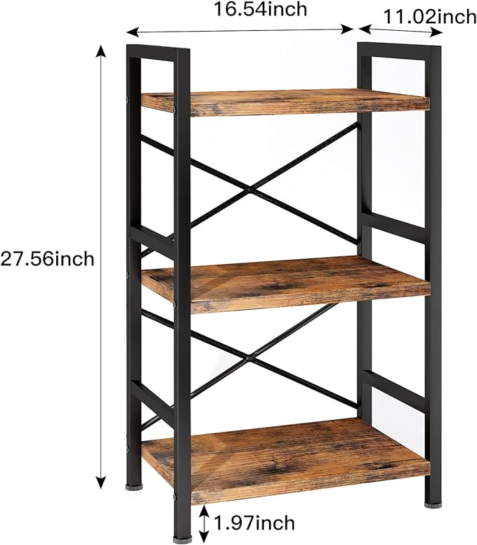 Homeiju Bookshelf, 3 Tier Industrial Bookcase, Metal Small Bookcase, Rustic - Image 3