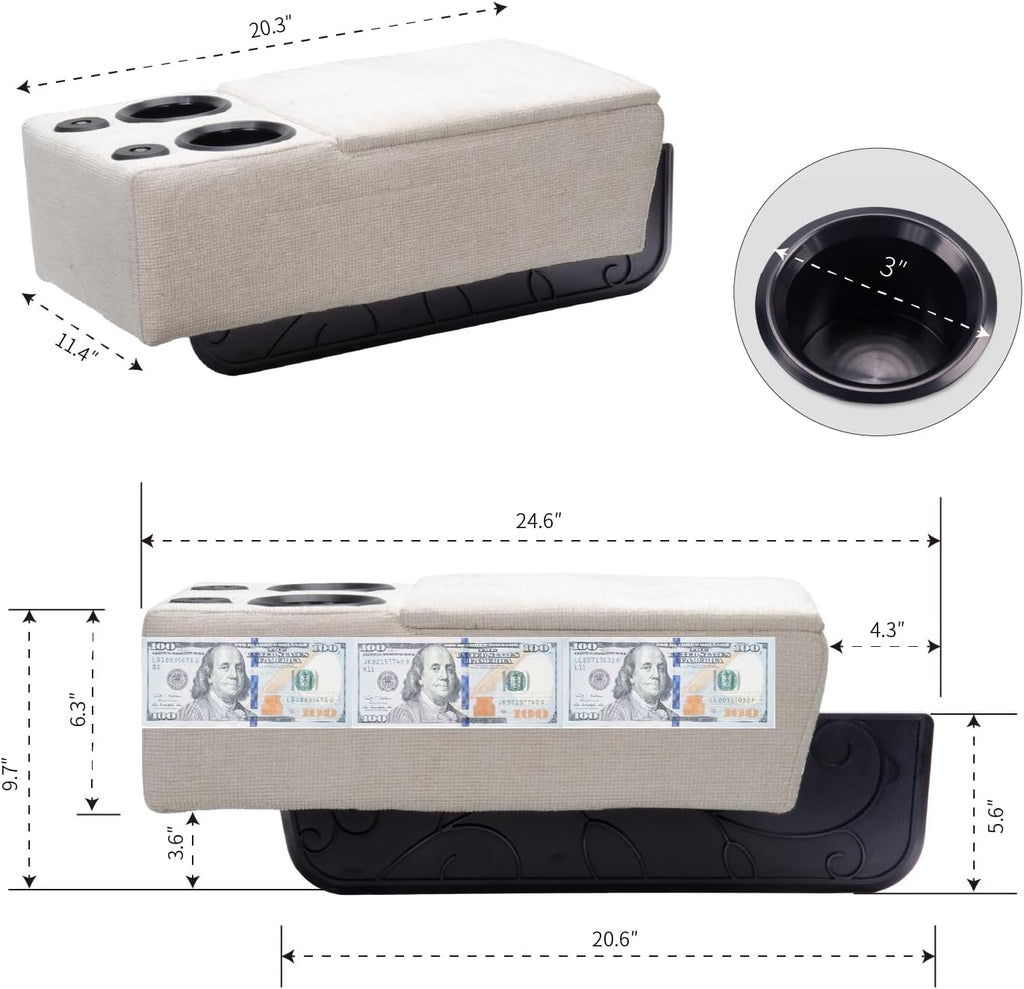 Removable Sofa Armrest with Cup Holder, PU Leather Multifunctional Couch Caddy Storage Arm rest with Power Wireless Charging Stand & LED Reading Light for Sofa Middle Seat Adjustable
