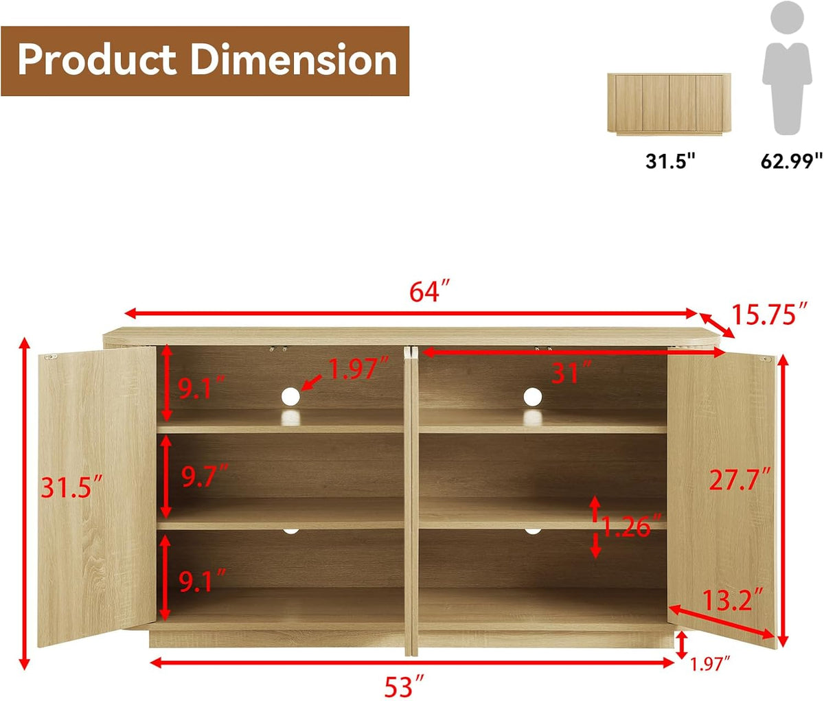 64" Fluted Buffet Cabinet with Storage, Natural Sideboard Cabinet