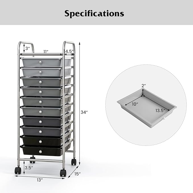 Giantex 10-Drawer Storage Cart w/Universal Wheel, Rolling Cart w/Handle - Image 3