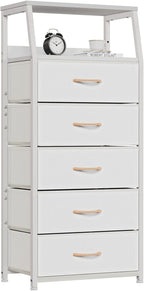 Furnulem White Dresser with 5 Drawers, Vertical Storage Tower Fabric Dresser by Furnulem