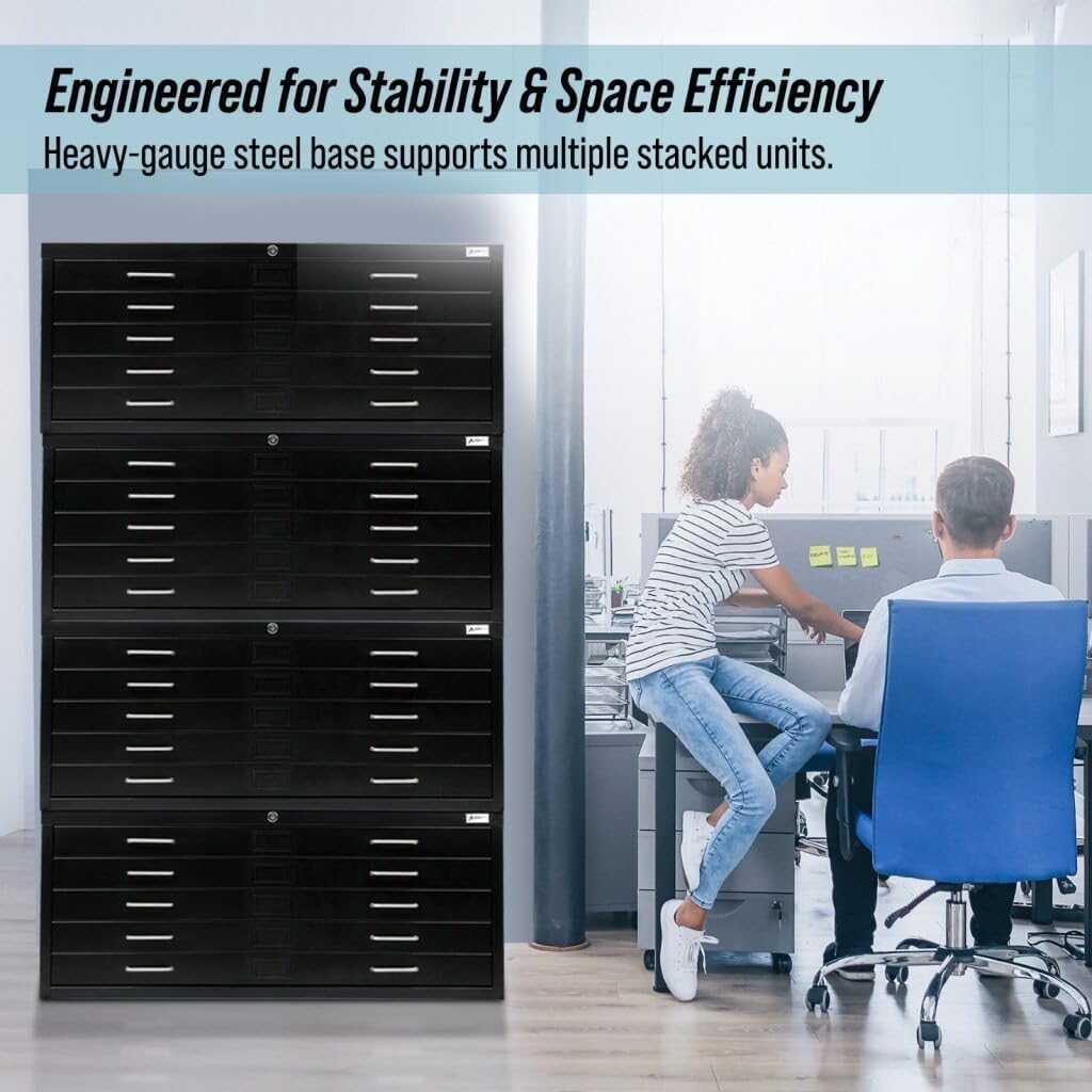 AdirOffice Flat File Cabinet - Heavy Duty 5-Drawer Blueprint Sheets Storage, 41" x 53" Great for Documents Sized 36” x 48”, Ideal for Artists, Art Files, Engineers, Architects, Offices - Black