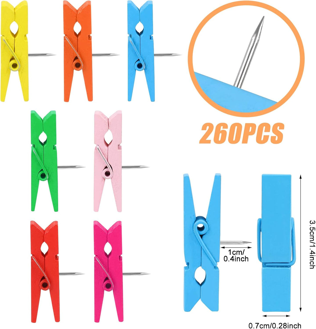 260 PCS Colorful Push Pin with Wooden Clips, Durable Wooden Push Pins, Decora...