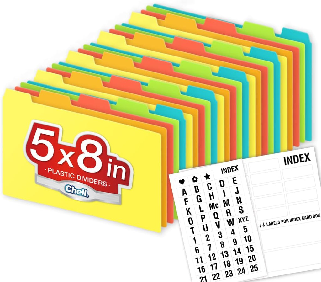 Chell 5"x8" Plastic Index Card Dividers, Primary Colors, 25 Pack | Heavyweight, A-Z, Made of Polypropylene, Alphabetical Stickers, Blank Stickers
