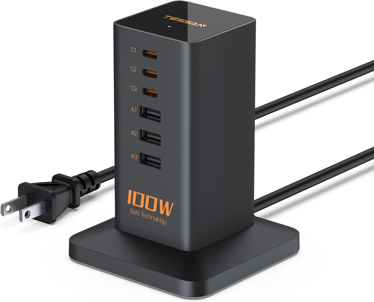 USB C Charger Blcok PD 100W, TESSAN 6-in-1 Charging Station