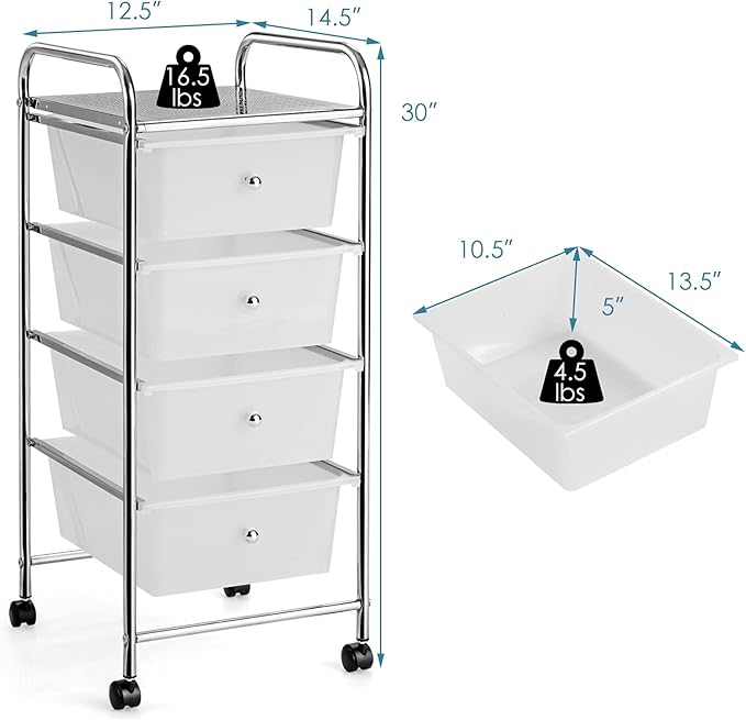 Giantex Rolling Cart with Drawers, Craft Organizer with Wheels, 4 Drawer - Image 3