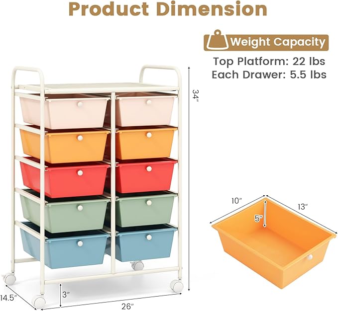 HAPPYGRILL 10-Drawer Rolling Storage Cart, Storage Organizer Cart - Image 6