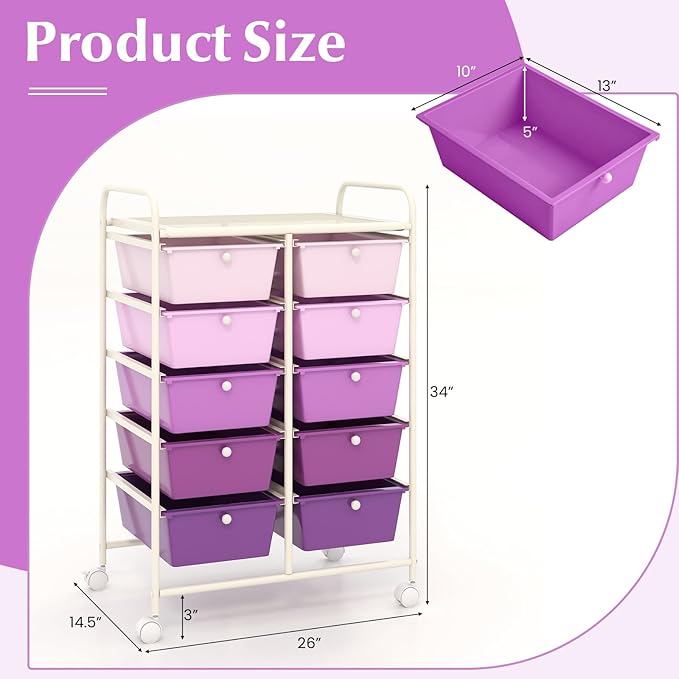 GOFLAME 10-Drawer Rolling Storage Cart, Art Craft Storage Organizer on Wheels - Image 3